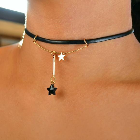 Black Leather Gold Bar Double Cross Slider Minimalist Choker Necklace - Picture 6 of 6